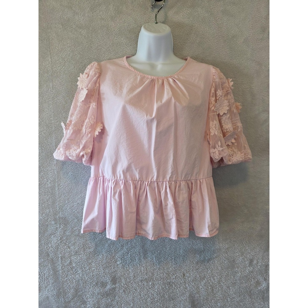 EUC Forever 21 Blouse Womens Large Pink Lace Puff Sleeve Romantic Feminine